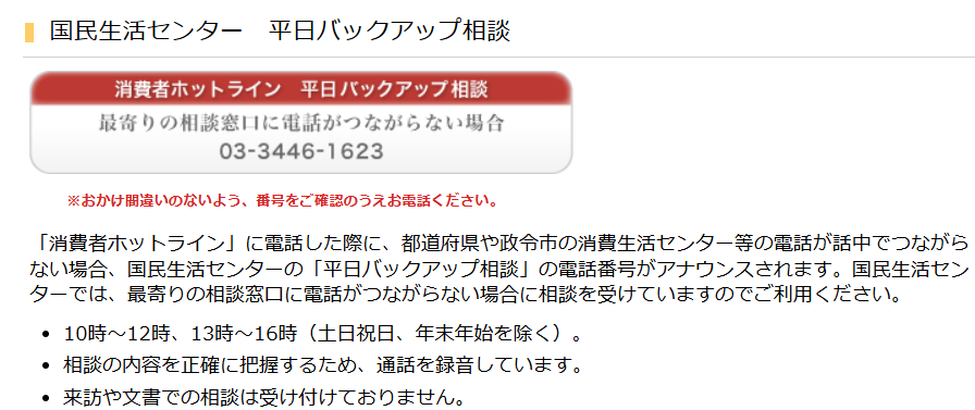 平日バックアップ相談(国民生活センター)の電話番号