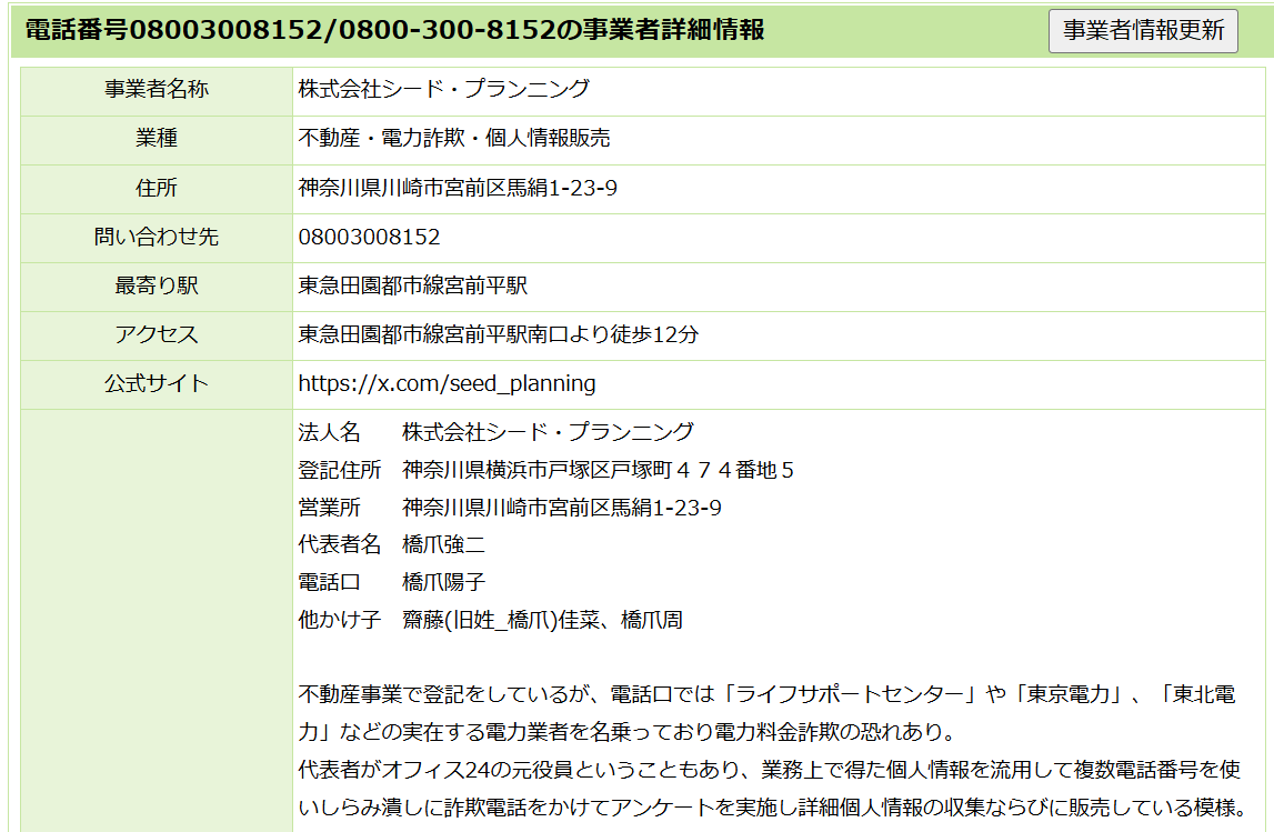 電話番号詐欺サイトの08003008152の検察画像